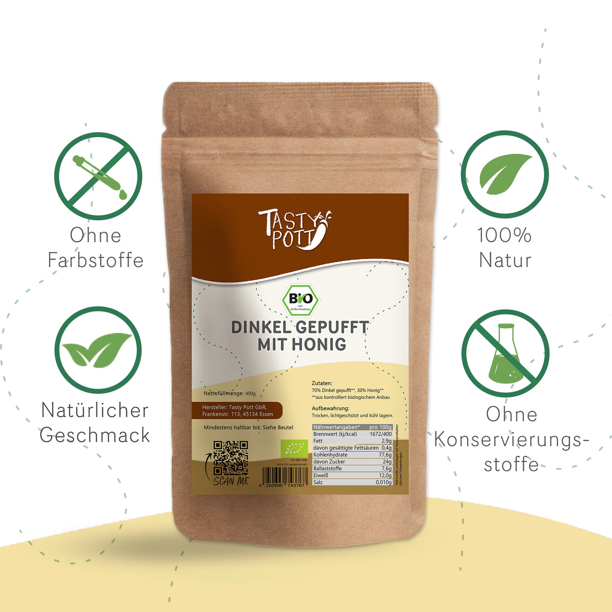 TASTY-POTT Tast Pott Bio Dinkel gepufft mit Honig - 400g Beutel — Abbildung 3
