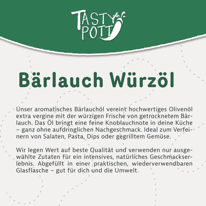 Infografik mit Beschreibung zum Tasty Pott Bärlauch Würzöl, Fokus auf Zutaten und Verwendungsmöglichkeiten beim Kochen und Backen.