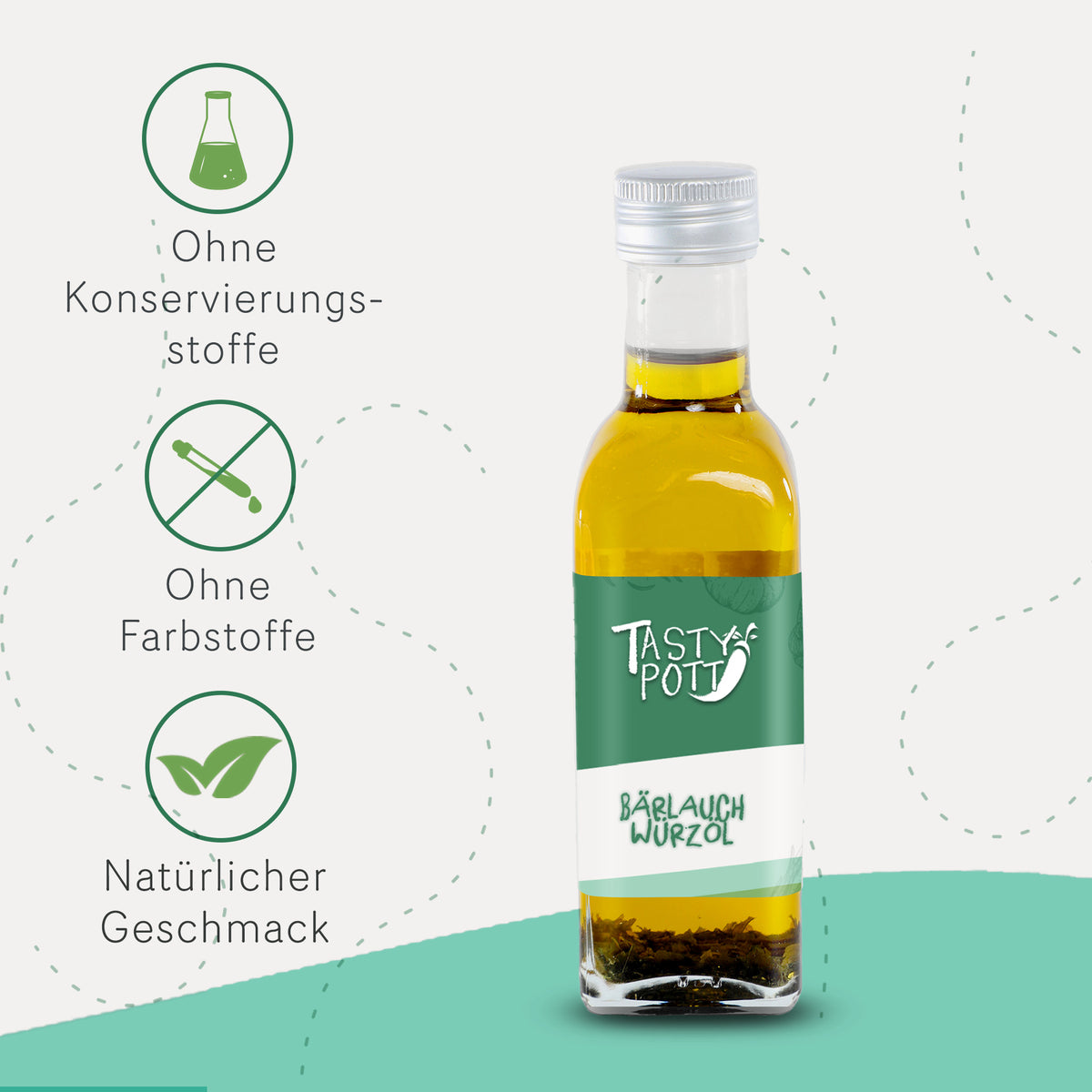 Tasty Pott Traubenkernöl Würzöl mit Bärlauch verfeinert, 100ml Flasche, daneben Icons für natürlichen Geschmack, ohne Farb- und Konservierungsstoffe.