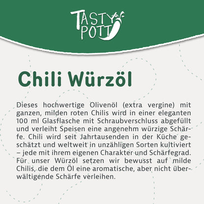 Textfeld mit Beschreibung zum Tasty Pott Chili Würzöl, oben das Markenlogo, darunter Informationen zu Zutaten und Verwendung des Würzöls.