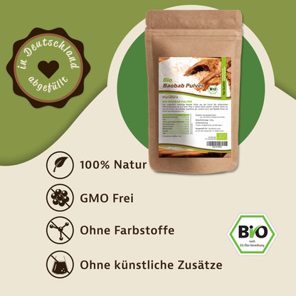 Standbeutel Mynatura Bio Baobab Pulver 1000g mit Produktetikett, daneben Icons zu natürlichen und zusatzfreien Baobab-Produkten.