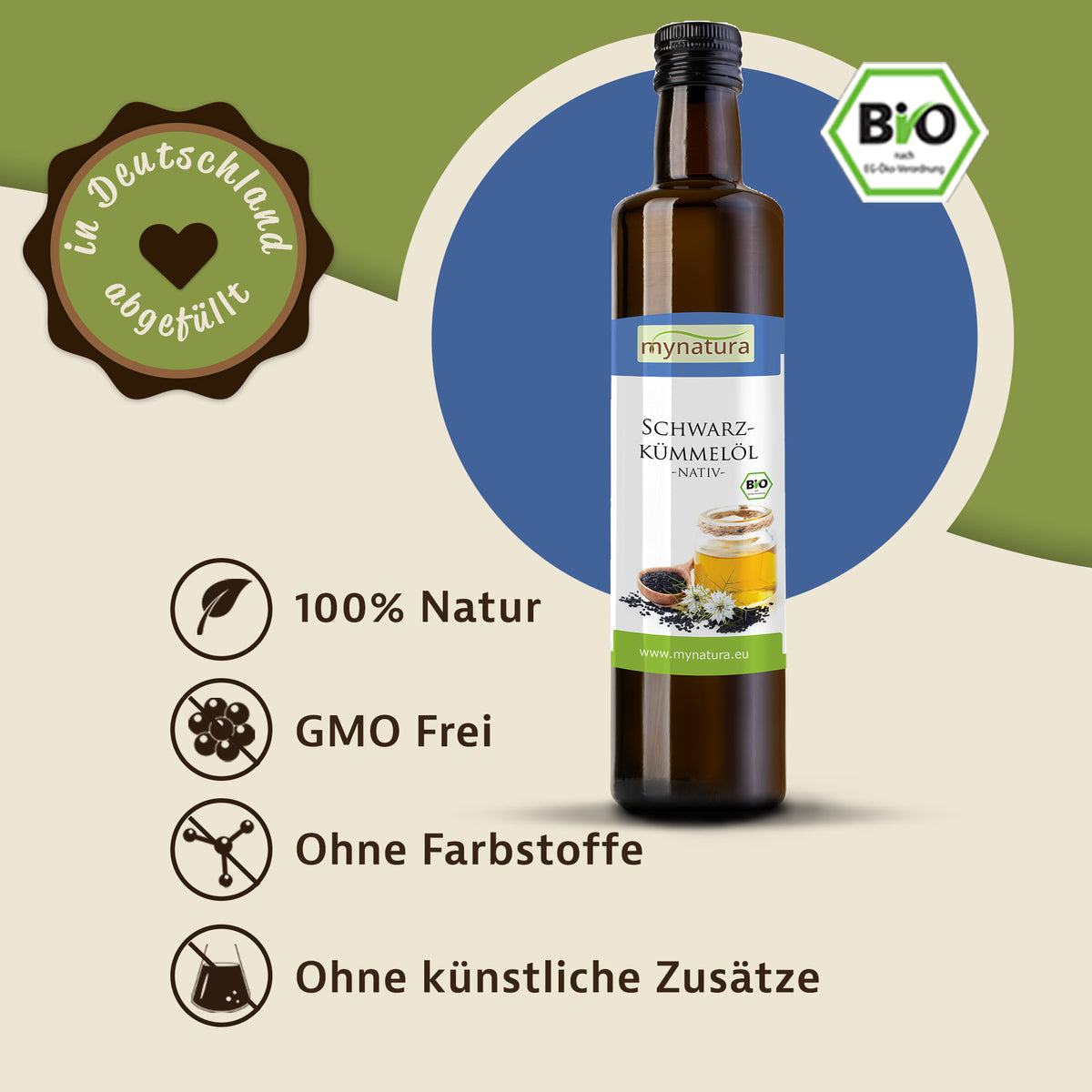 Braune Glasflasche Mynatura Schwarzkümmelöl mit Etikett, daneben Bio-Siegel und Hinweise auf natürliches nigella sativa Öl ohne Farbstoffe und künstliche Zusätze.
