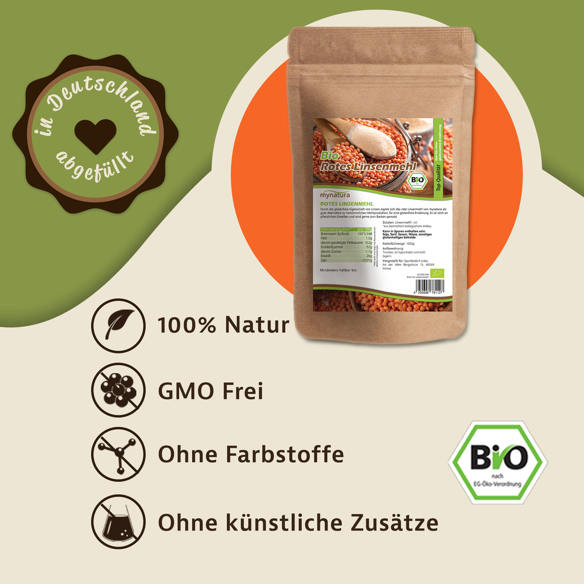 Mynatura Rotes Linsenmehl Bio – Glutenfreies pflanzliches Mehl (1kg) — Abbildung 2