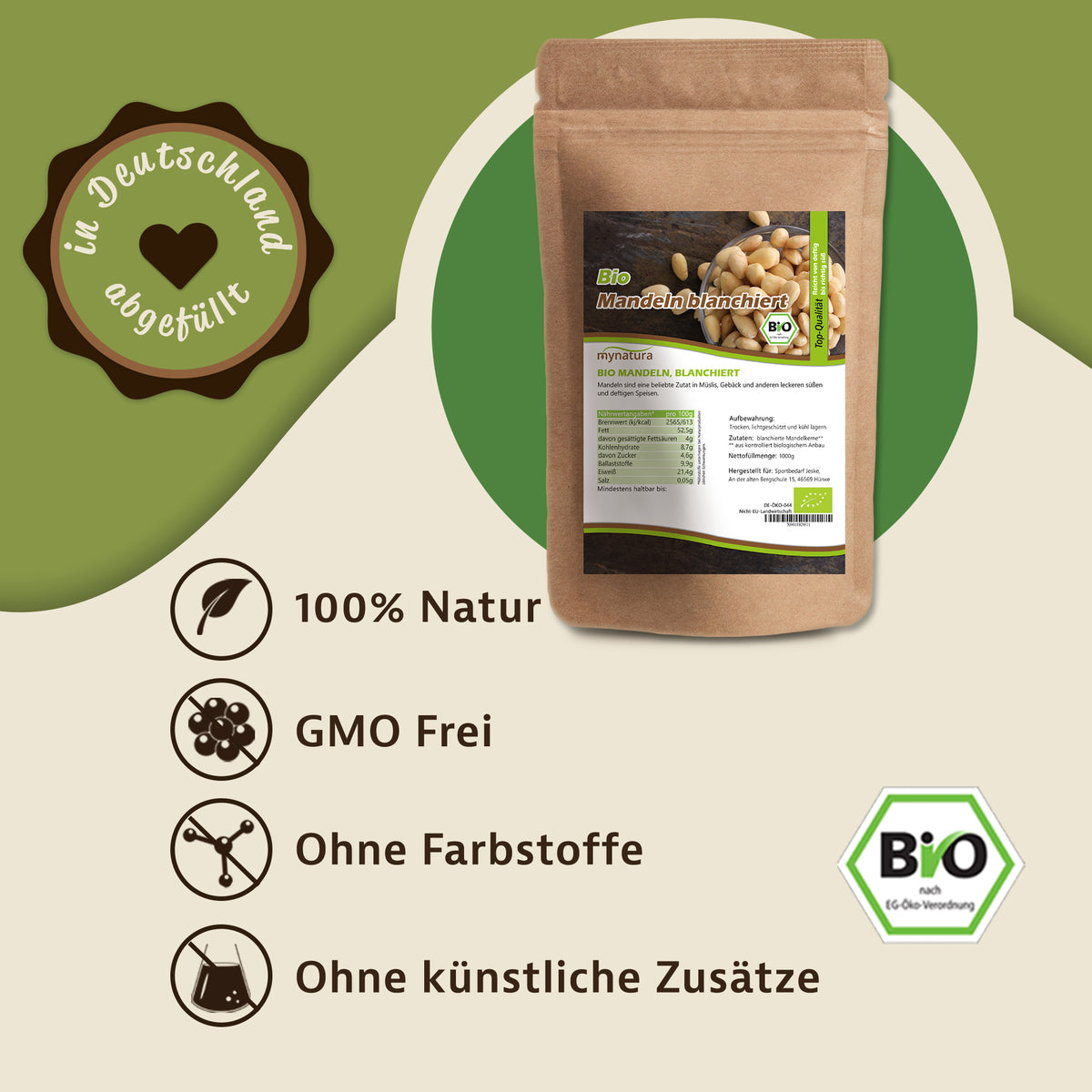 Beutel blanchierte Mandelkerne von Mynatura als Produktabbildung auf grünem Hintergrund, daneben Icons und Hinweise zu Zutaten fürs Müsli und Snacks.