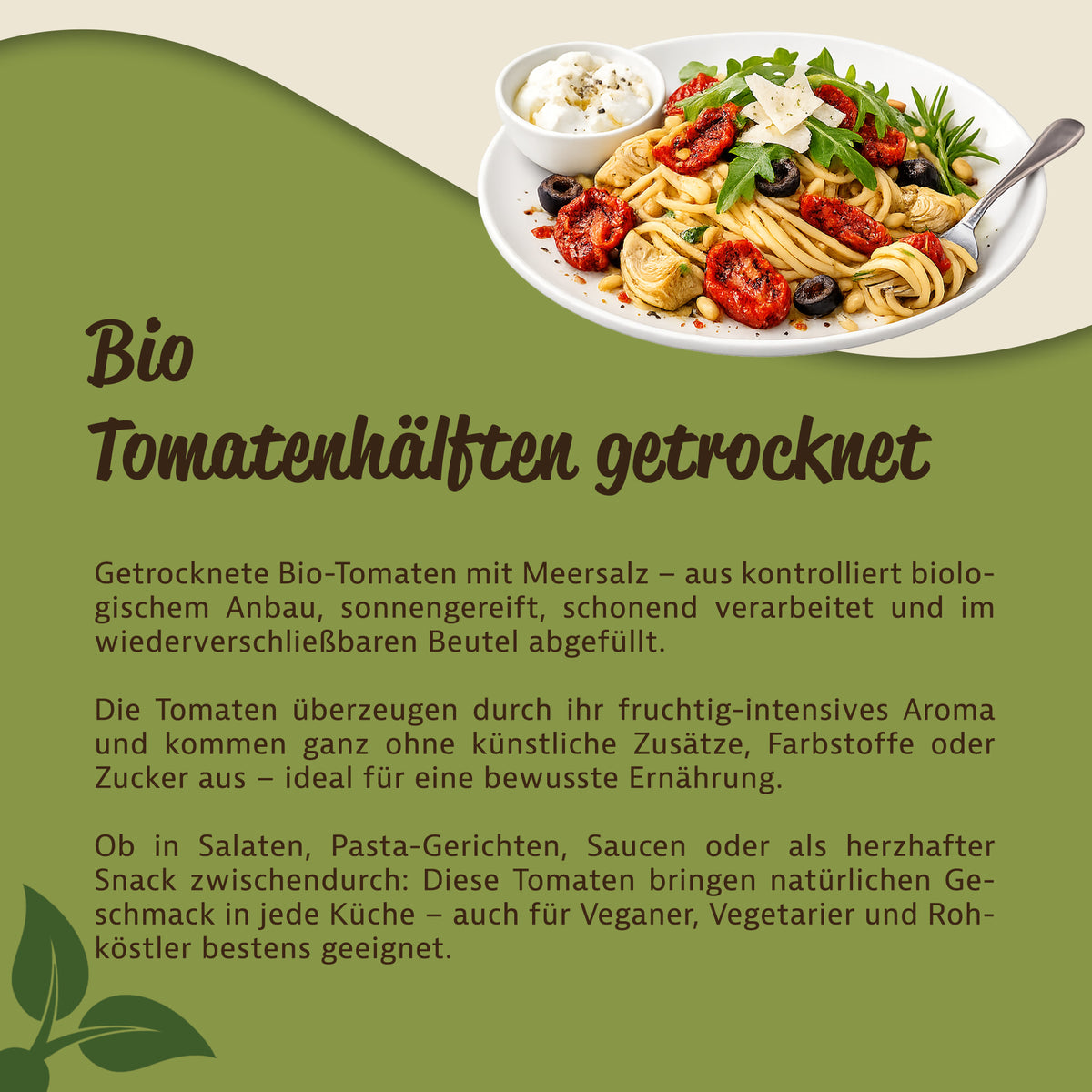 Teller mit Pasta, getrockneten tomatenhälften, Oliven und Rucola neben Text zu veganen snacks und kochen.