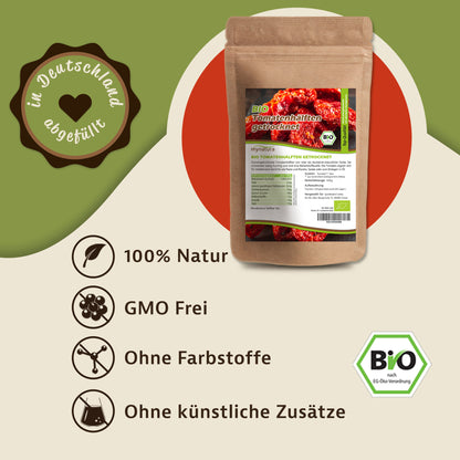 Produktbeutel Mynatura Bio Tomatenhälften getrocknet vor grünem Hintergrund mit Icons zu vegan, snacks und ohne künstliche Zusätze.