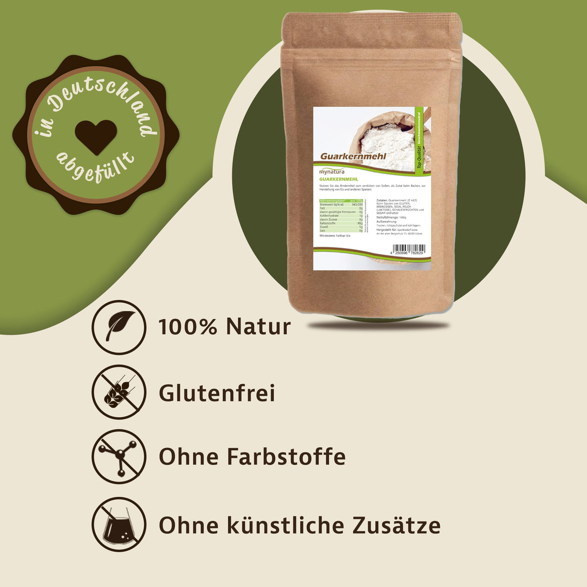 Guarkernmehl kaufen im braunen Beutel von Mynatura, daneben Icons für 100% Natur, glutenfrei, ohne Farbstoffe und ohne künstliche Zusätze, ideal für diverse Anwendungen beim Backen.