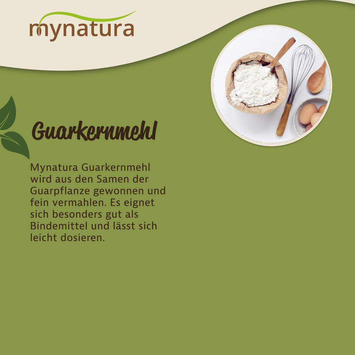 Guarkernmehl von Mynatura in einer Schale mit Schneebesen und Eiern, dargestellt als vielseitiges natürliches Bindemittel und Verdickungsmittel für Kochen und Backen.