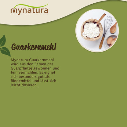 Guarkernmehl von Mynatura in einer Schale mit Schneebesen und Eiern, dargestellt als vielseitiges natürliches Bindemittel und Verdickungsmittel für Kochen und Backen.