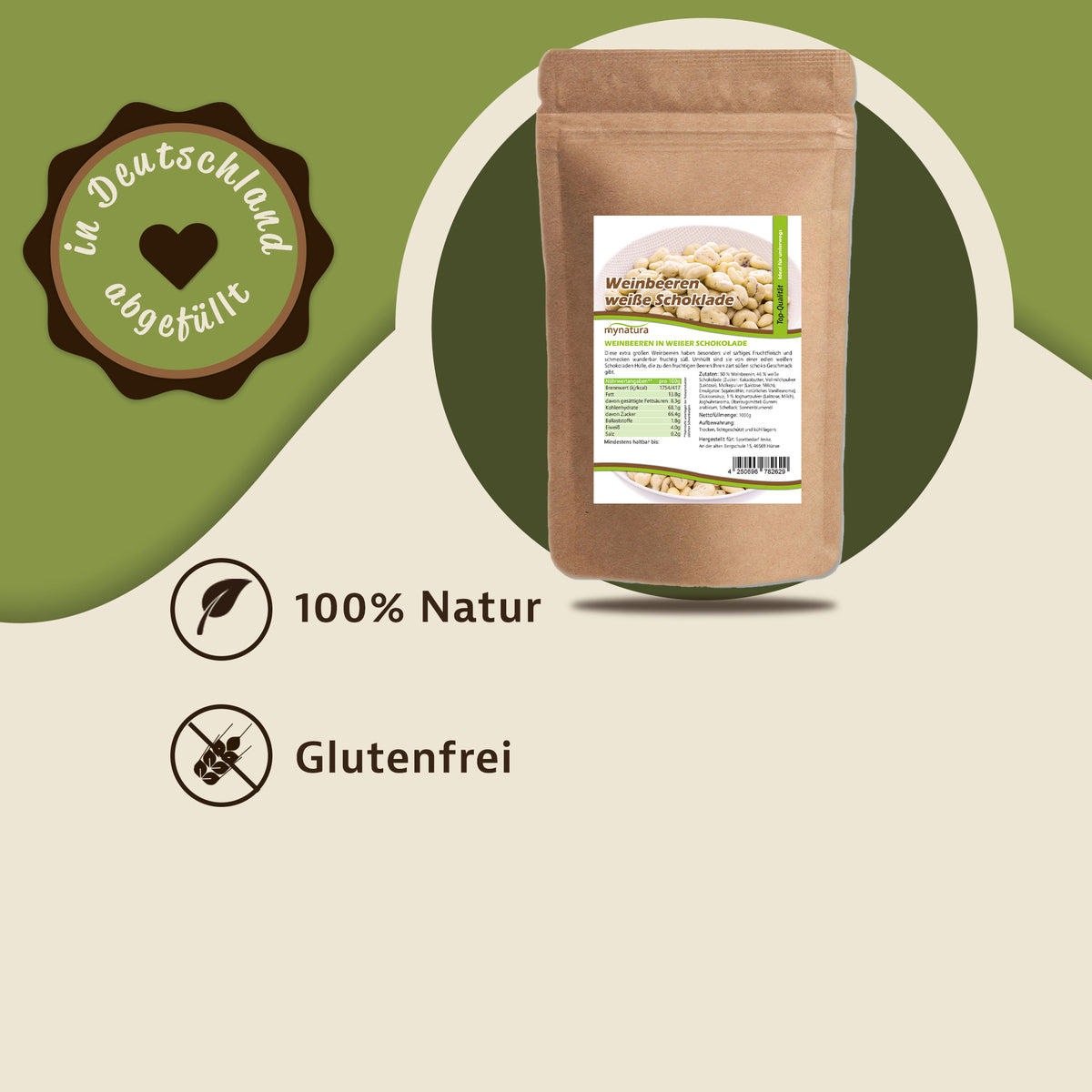 Standbeutel mit Etikett für Mynatura weiße Schokolade mit weinbeeren, Produkt im Vordergrund auf grün-beigem Hintergrund, Hinweis auf verschiedene größen und glutenfreien snack.
