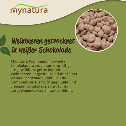 Nahaufnahme von weinbeeren umhüllt mit weißer schokolade, daneben Text zu cremig-fruchtiger snack von Mynatura, geeignet für backen oder als früchte-zutat.