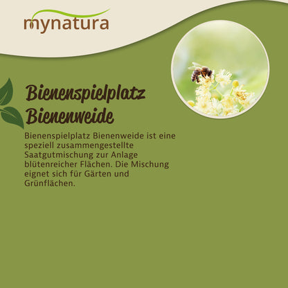 Infografik zu Mynatura Bienenspielplatz Bienenweide mit Textbeschreibung und Foto einer Biene auf Blüte, empfohlen für garten und wiesenfläche.