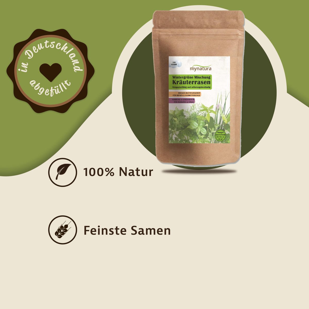 Mynatura Kräuterrasen Wintergrüne Mischung 100g auf grünem Hintergrund, daneben Siegel 'in Deutschland abgefüllt' und Hinweise auf 100% Natur und feinste Samen, geeignet für Garten und Balkon.