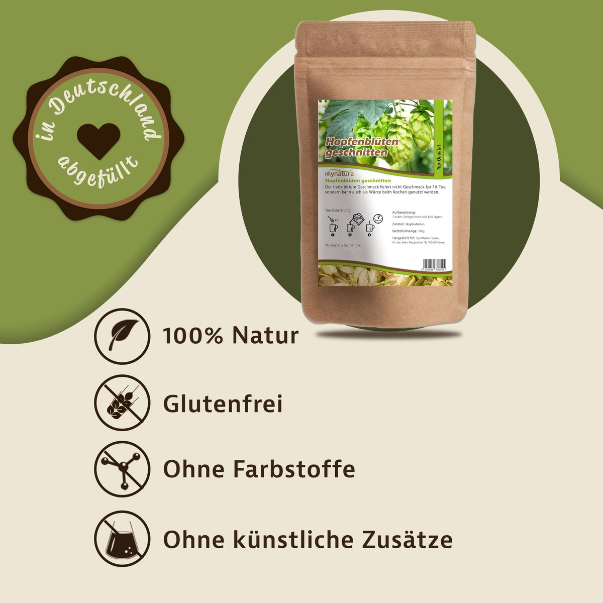 Hopfenblüten geschnitten von Mynatura in braunem Beutel auf grün-beigem Hintergrund, hervorgehobene Eigenschaften wie 100% naturreine Qualität, ohne Farbstoffe, glutenfrei, verschiedene Größen.