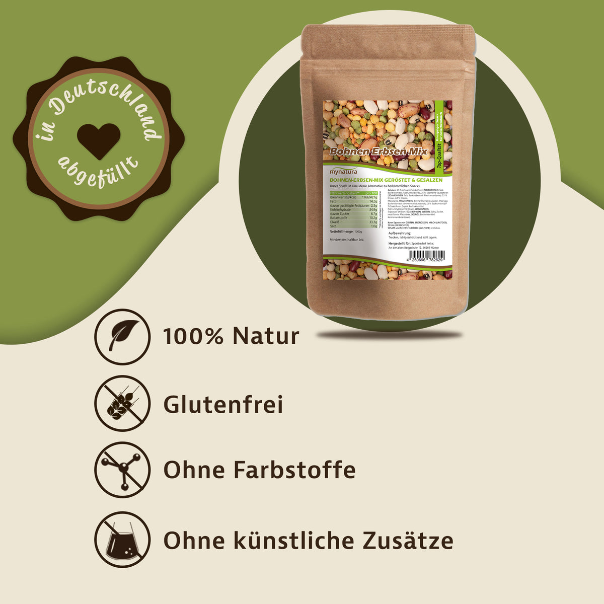 Standbeutel mit Mynatura Bohnen-Erbsen-Mix, gerösteter Hülsenfrüchte-Snack mit Soja, 1000g, auf grün-beigem Hintergrund mit Icons für glutenfrei, vegan und ohne Zusatzstoffe.