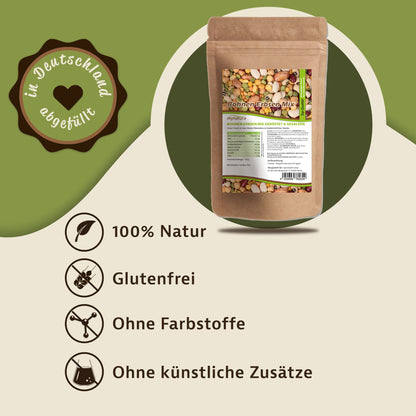 Standbeutel mit Mynatura Bohnen-Erbsen-Mix, gerösteter Hülsenfrüchte-Snack mit Soja, 1000g, auf grün-beigem Hintergrund mit Icons für glutenfrei, vegan und ohne Zusatzstoffe.
