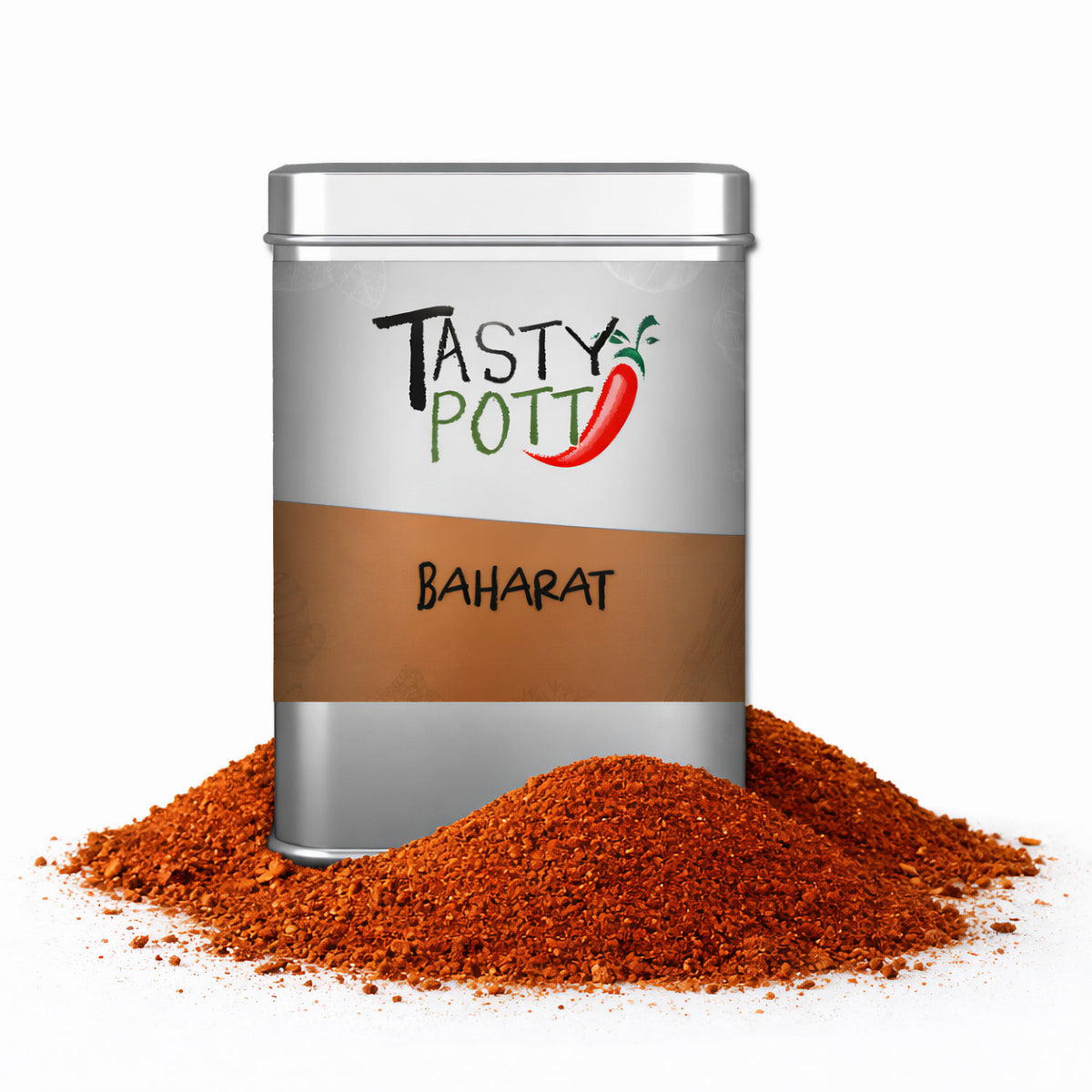 Tasty Pott Baharat Gewürzmischung in silberner Dose, umgeben von einem Haufen rotbraunem orientalischen Gewürzpulver.