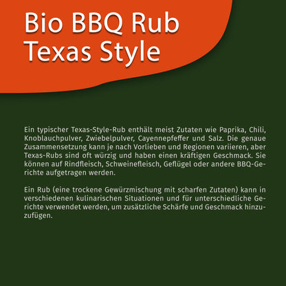 Texttafel mit Beschreibung zu Texas Style BBQ Rub Gewürze und deren typischen Zutaten auf grün-orangefarbenem Hintergrund.
