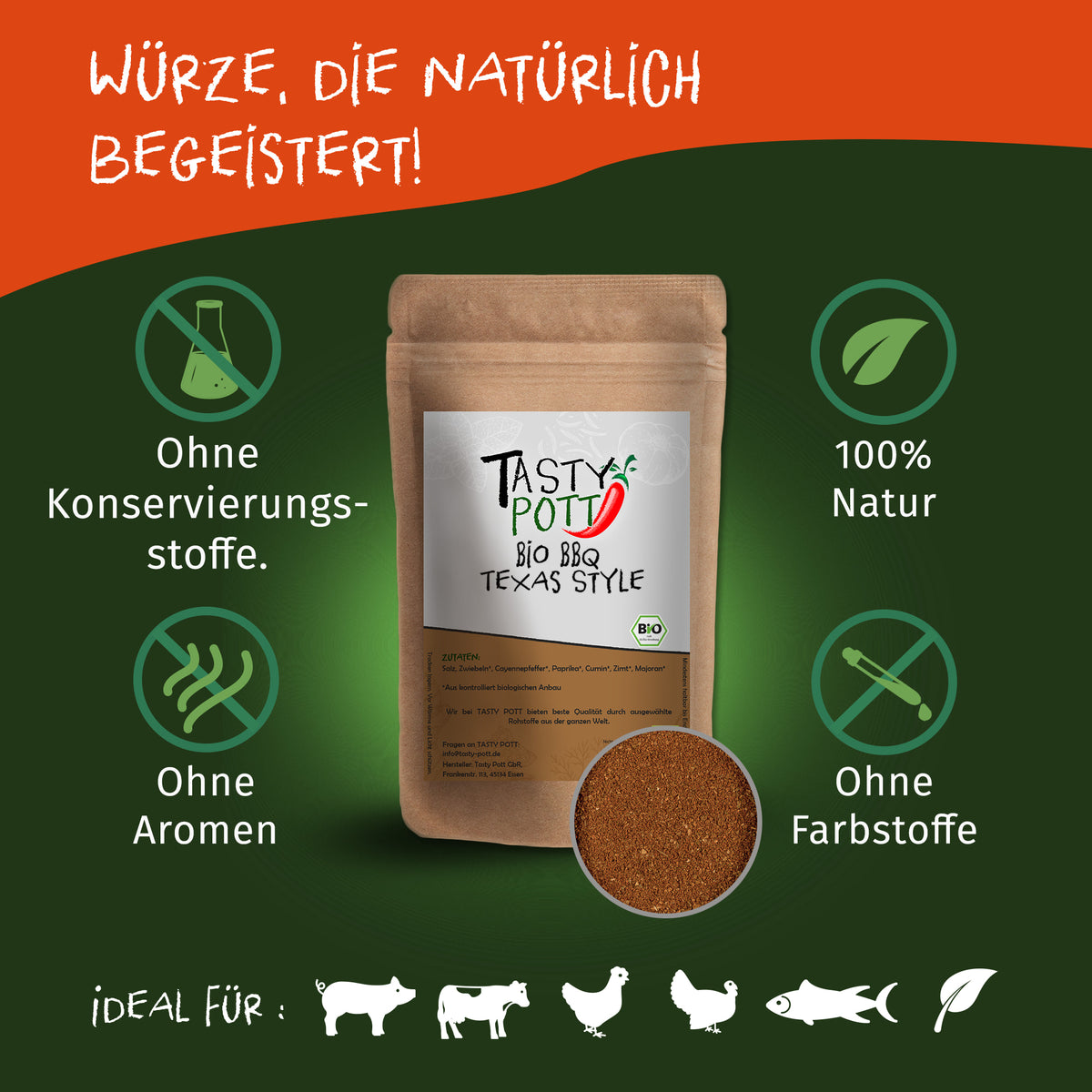 Tasty Pott Texas Style BBQ Gewürz im braunen Beutel, umgeben von Symbolen für natürliche Zutaten und ohne Zusatzstoffe auf grünem Hintergrund.