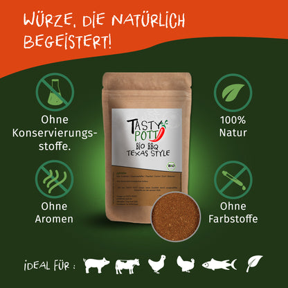 Tasty Pott Texas Style BBQ Gewürz im braunen Beutel, umgeben von Symbolen für natürliche Zutaten und ohne Zusatzstoffe auf grünem Hintergrund.
