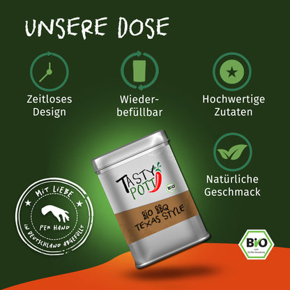 Tasty Pott Texas Style Grillgewürz Dose schräg auf grün-orangefarbenem Hintergrund mit Icons für Design, Wiederbefüllbarkeit und natürliche Zutaten.