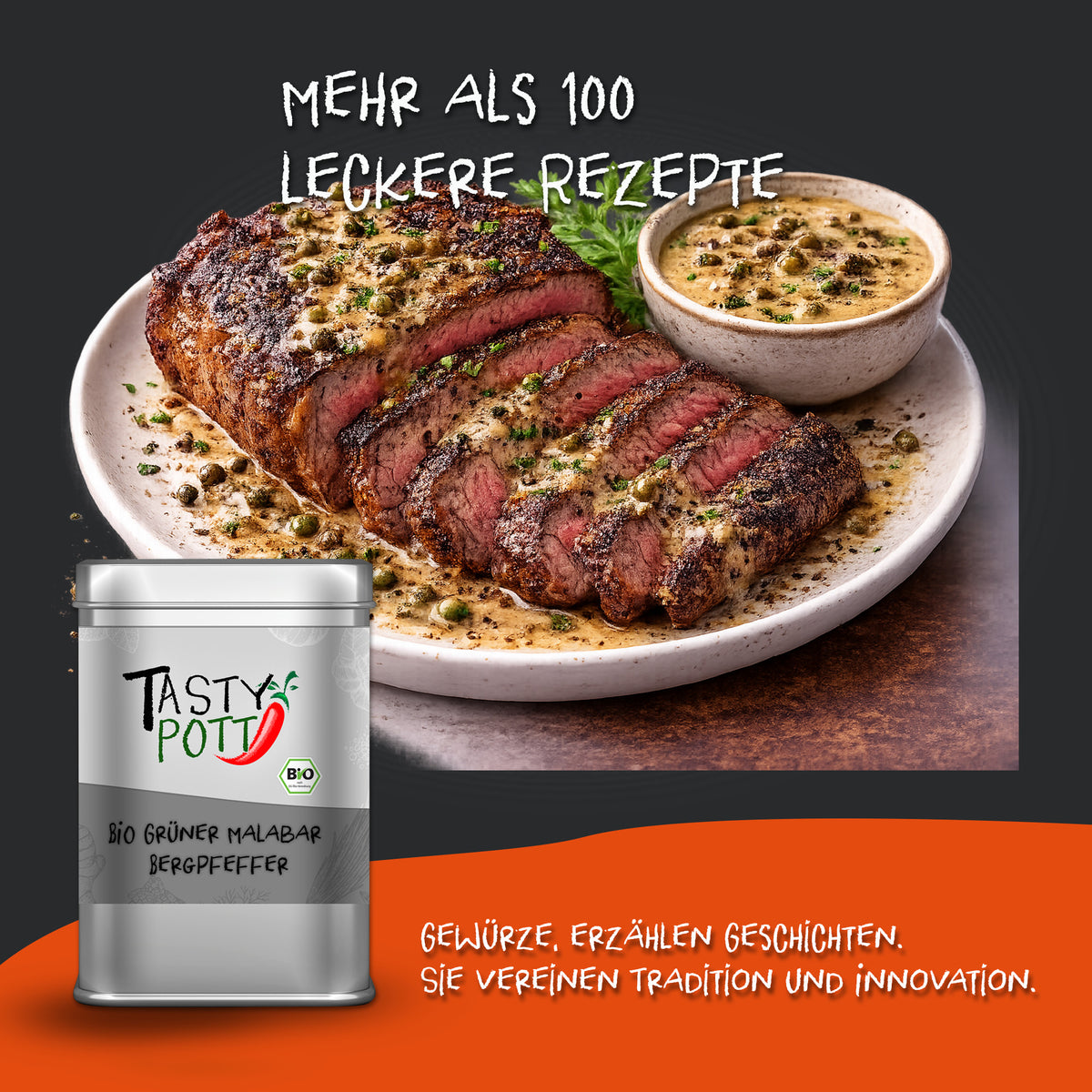 Geöffnete Metalldose Tasty Pott Grüner Malabar Bergpfeffer vor einem angerichteten Steak mit grüner Pfeffersauce auf einem Teller.