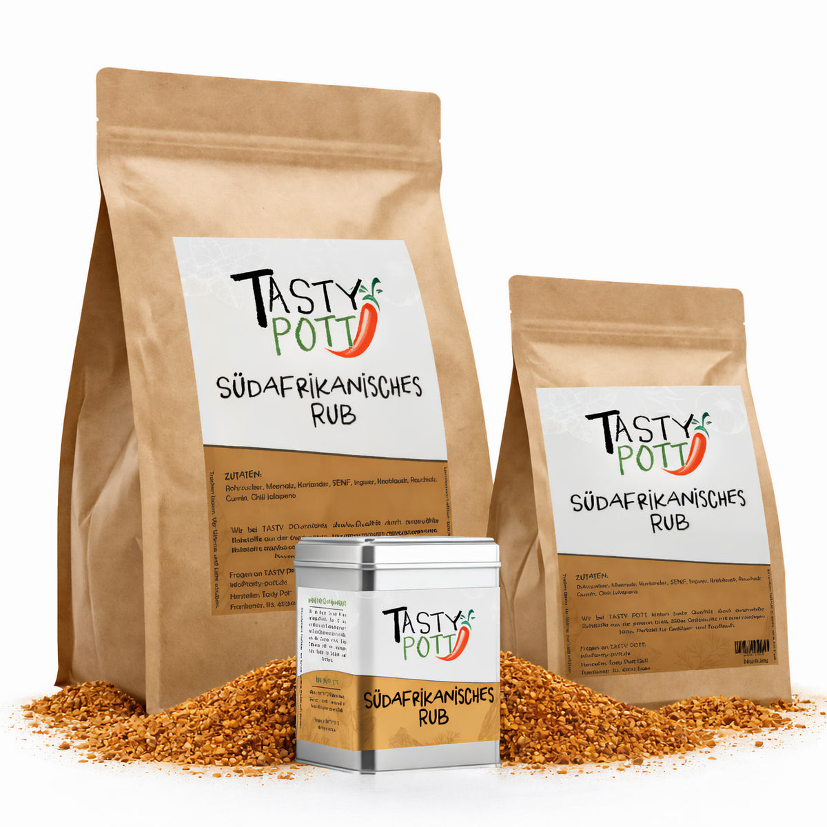 Drei Tasty Pott Südafrikanisches Rub Nachfüllbeutel und eine Gewürzdose, umgeben von ausgebreitetem afrikanischem Grillgewürz auf weißem Hintergrund.