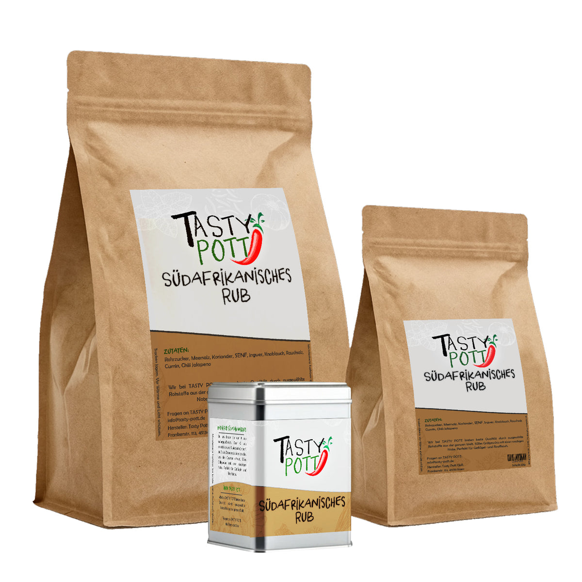 Zwei braune Nachfüllbeutel und eine silberne Dose Tasty Pott Südafrikanisches Rub nebeneinander, ohne sichtbares Gewürz außen.