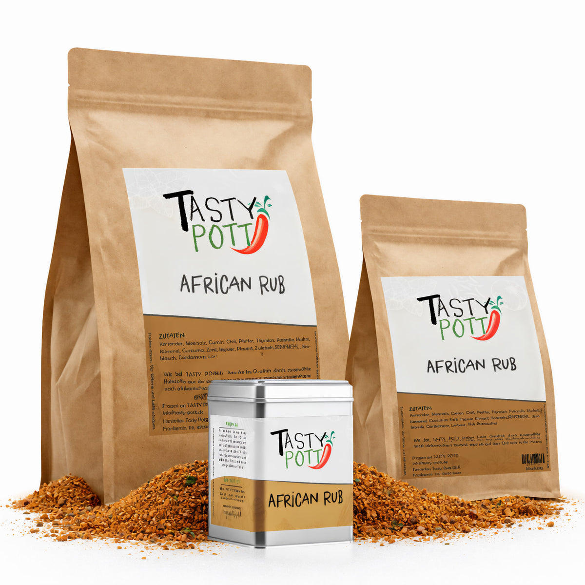 tasty pott african rub gewürze im braunen Nachfüllbeutel und in Dose, mit Gewürzpulver auf weißem Untergrund, Vorderansicht
