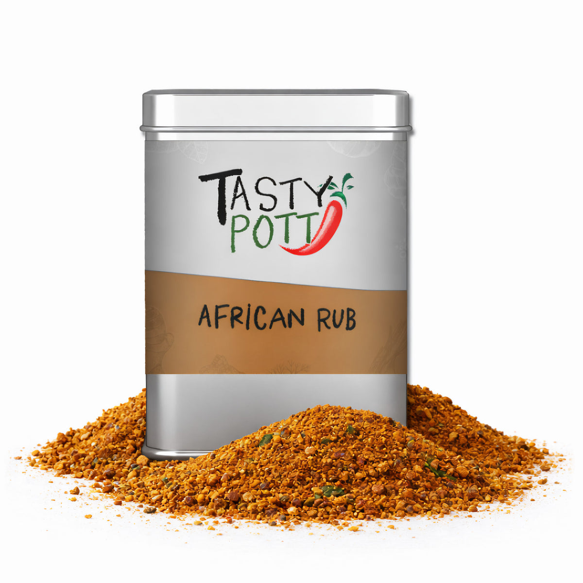 Tasty Pott African Rub Gewürzmischung in silberner Dose, umgeben von einem Haufen Grillgewürze auf weißem Hintergrund.