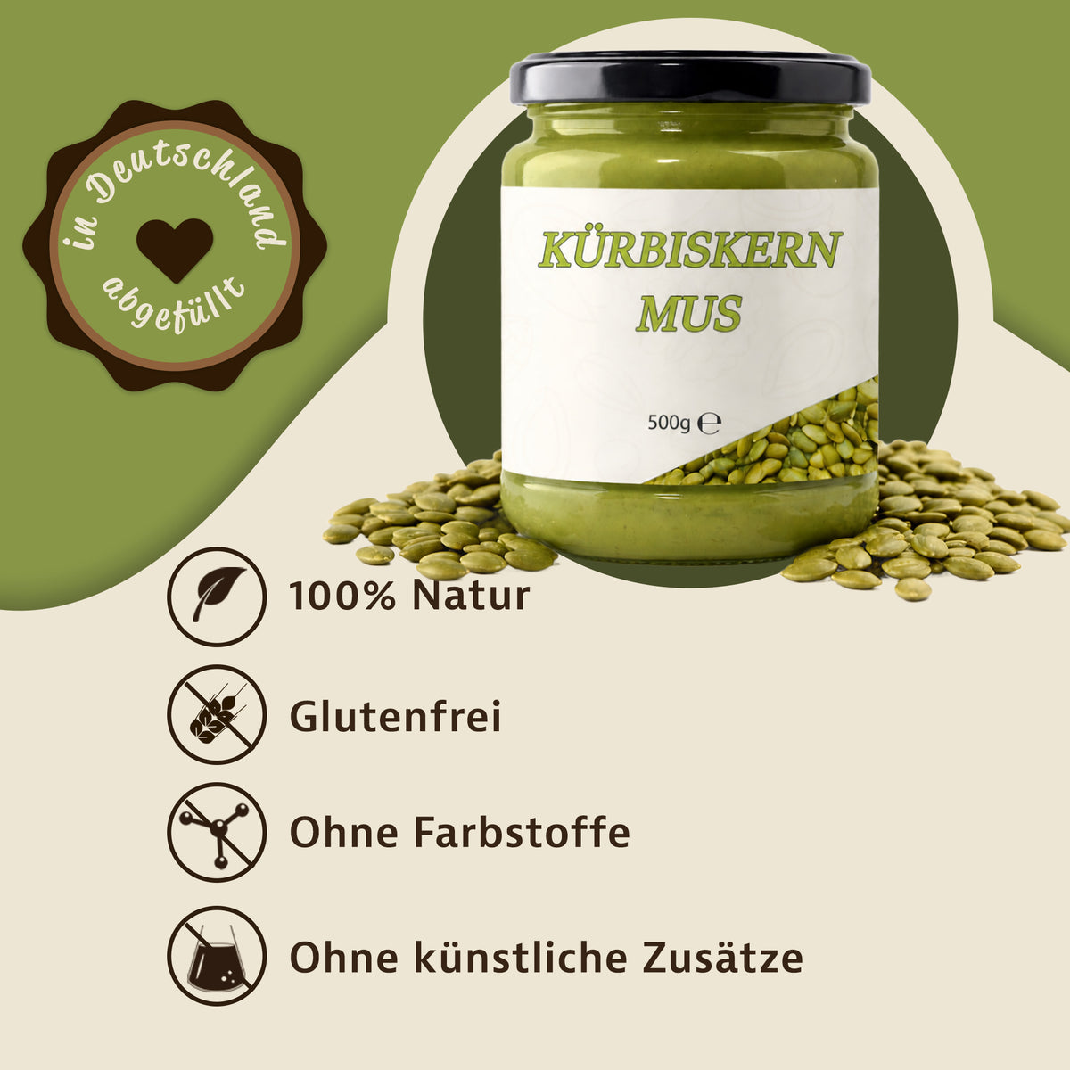 Kürbiskernmus 500g Glas von Mynatura als nussig-aromatischer Aufstrich, daneben Icons mit Produkteigenschaften auf grün-beigem Hintergrund.