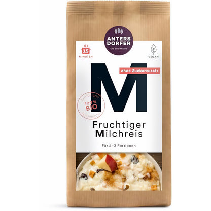 Vorderseite der Antersdorfer Mühle Verpackung für fruchtigen Milchreis 150g mit Produktabbildung und Bio-Siegel.