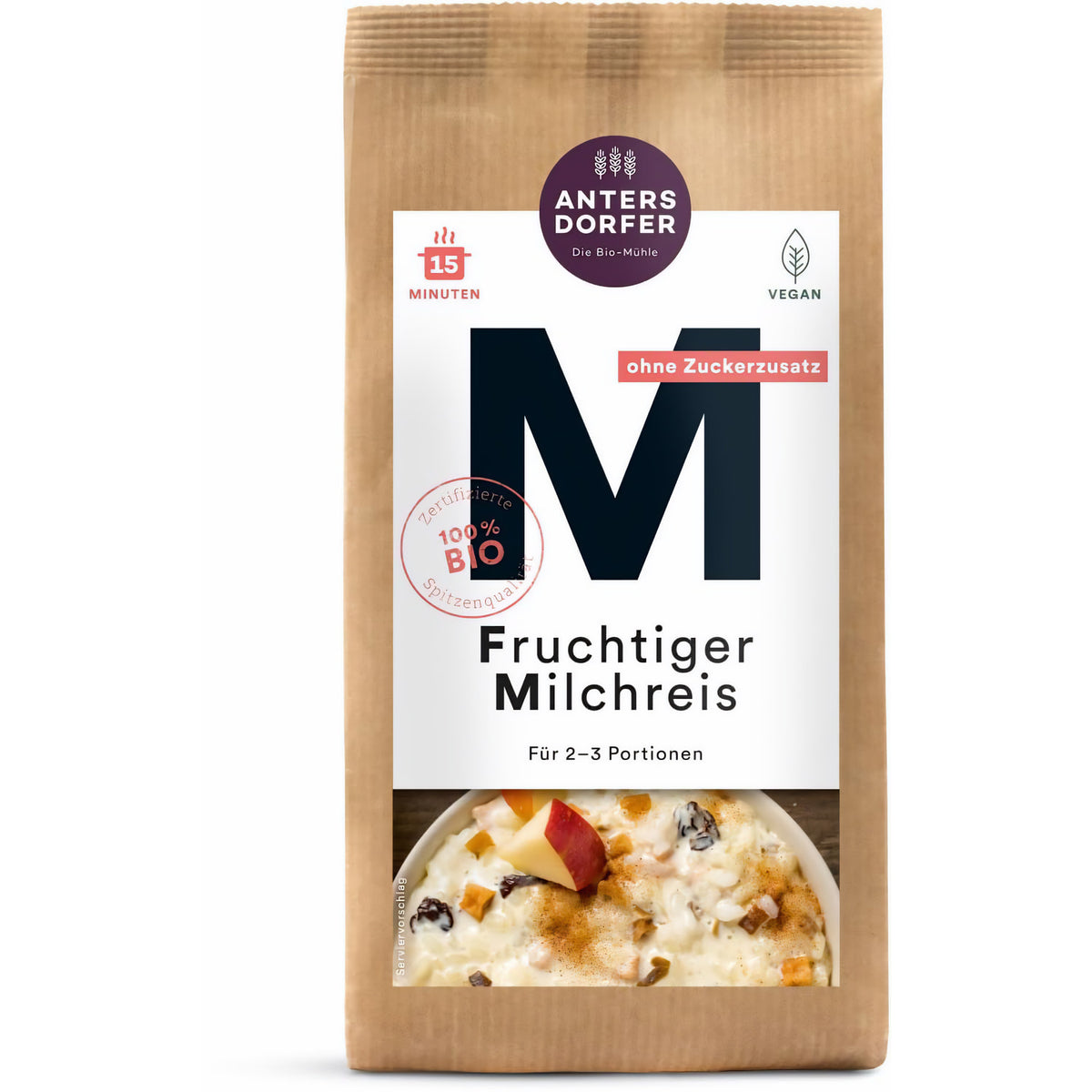 Antersdorfer fruchtiger Milchreis 150g, Verpackung frontal mit sichtbarem Frühstücksbrei und veganem Hinweis.