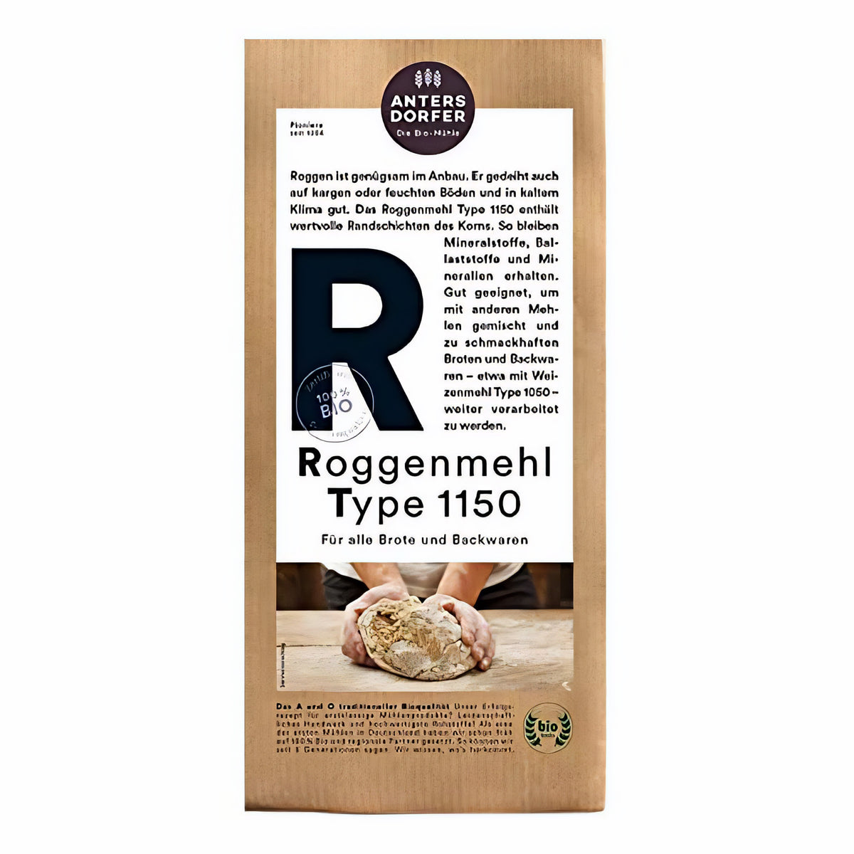 Vorderseite einer braunen Antersdorfer Roggenmehl Type 1150 Bio-Packung mit großem R, Produktbeschreibung und einem Brotlaib in Händen unten.