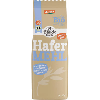 Packung bauckhof hafermehl vollkorn glutenfrei von vorne mit sichtbaren Bio- und Demeter-Siegeln sowie Produktinformationen.
