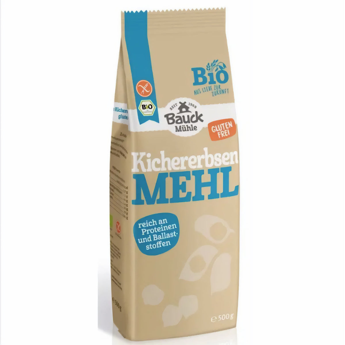 Packung Bauckhof Kichererbsenmehl stehend, Vorderseite mit Bio- und Glutenfrei-Siegel, beige-blaues Design, Produktname und Hinweise auf Proteine sichtbar.