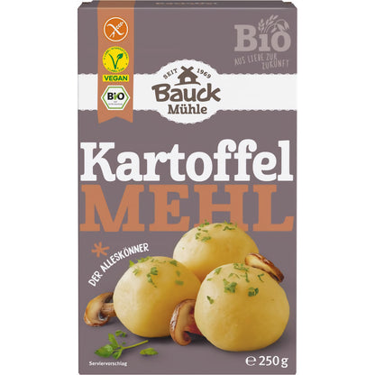 Vorderseite einer Bauck Mühle kartoffelmehl Packung, 250g, mit drei Kartoffelklößen, Pilzscheiben und Kräutern, glutenfrei und bio ausgezeichnet.