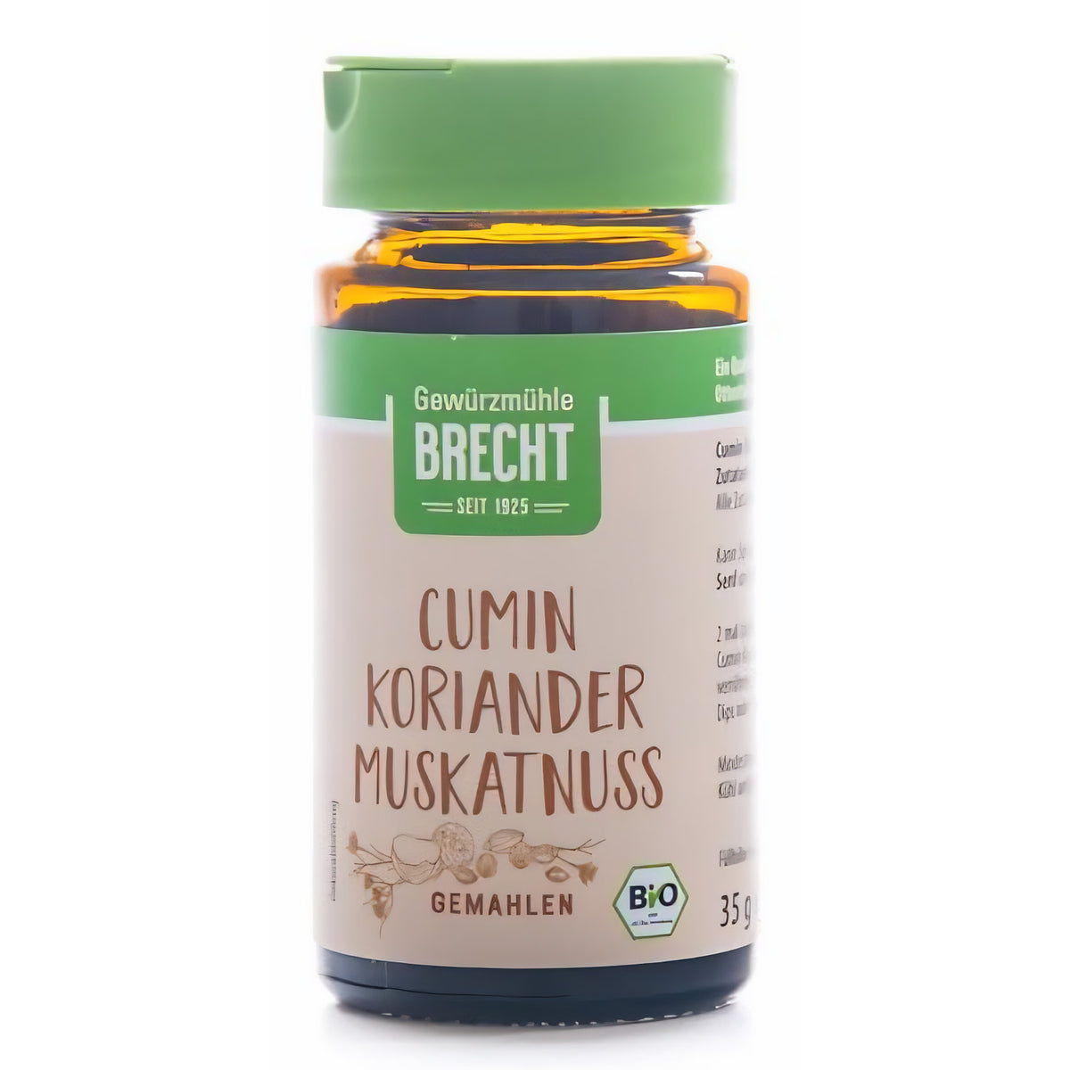 Vorderansicht eines Brecht Glas mit Cumin, Koriander und Muskatnuss Gewürzmischung, grüner Deckel, Etikett mit Produktnamen und Bio-Siegel.