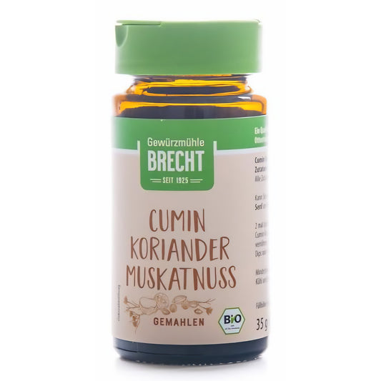 Vorderansicht eines Brecht Glas mit Cumin, Koriander und Muskatnuss Gewürzmischung, grüner Deckel, Etikett mit Produktnamen und Bio-Siegel.