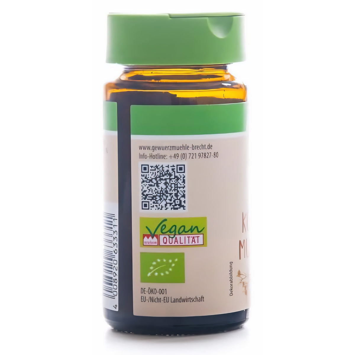 Seitenansicht des Brecht Gewürzmischungen Glases mit QR-Code, Vegan-Qualitätssiegel und EU-Bio-Logo auf dem Etikett.