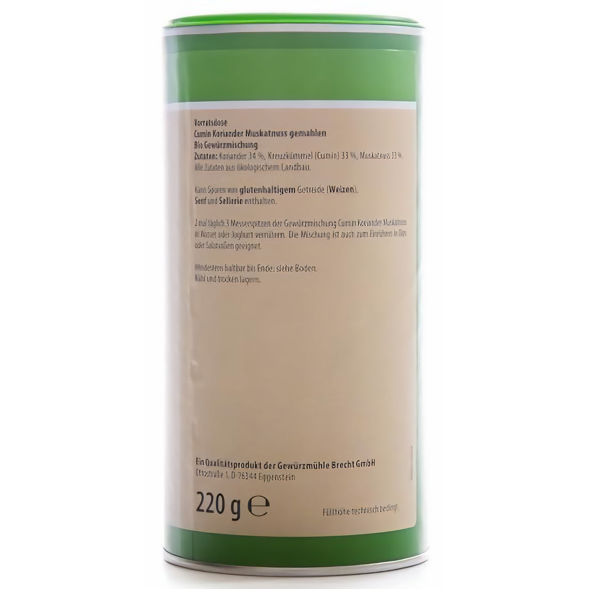 Rückseite der Brecht Gewürzmischung, Text zu Zutaten und Anwendungshinweisen, 220g Dose