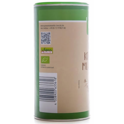 Seitenansicht der Brecht Cumin-Koriander-Muskatnuss Gewürzmischung mit Barcode, Vegan- und Bio-Siegel, 220g