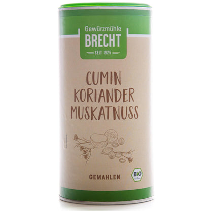 Frontalansicht der Brecht Gewürzmischung Cumin Koriander Muskatnuss gemahlen, 220g Dose, Bio-Siegel sichtbar