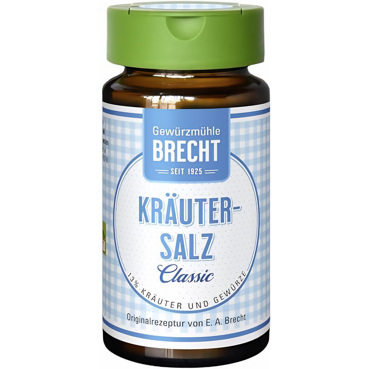 Brecht Kräutersalz Classic in braunem Glas mit grünem Deckel, Etikett mit blau-weißem Muster und Produktname gut lesbar von vorn