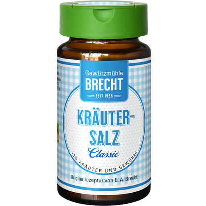 Würzsalz Brecht Kräutersalz Classic frontal fotografiert, Glas mit grünem Streudeckel und blau kariertem Etikett
