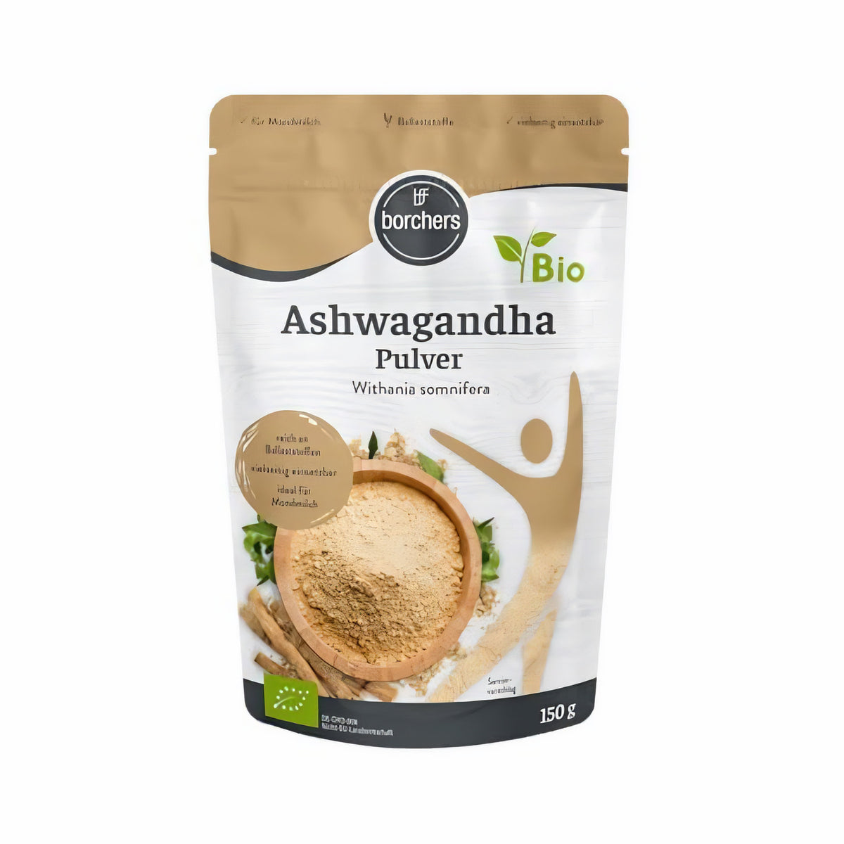 borchers Bio Ashwagandha Pulver 150g in wiederverschließbarer Verpackung, vorne mit Holzschale Pulver und Wurzeln dekoriert.