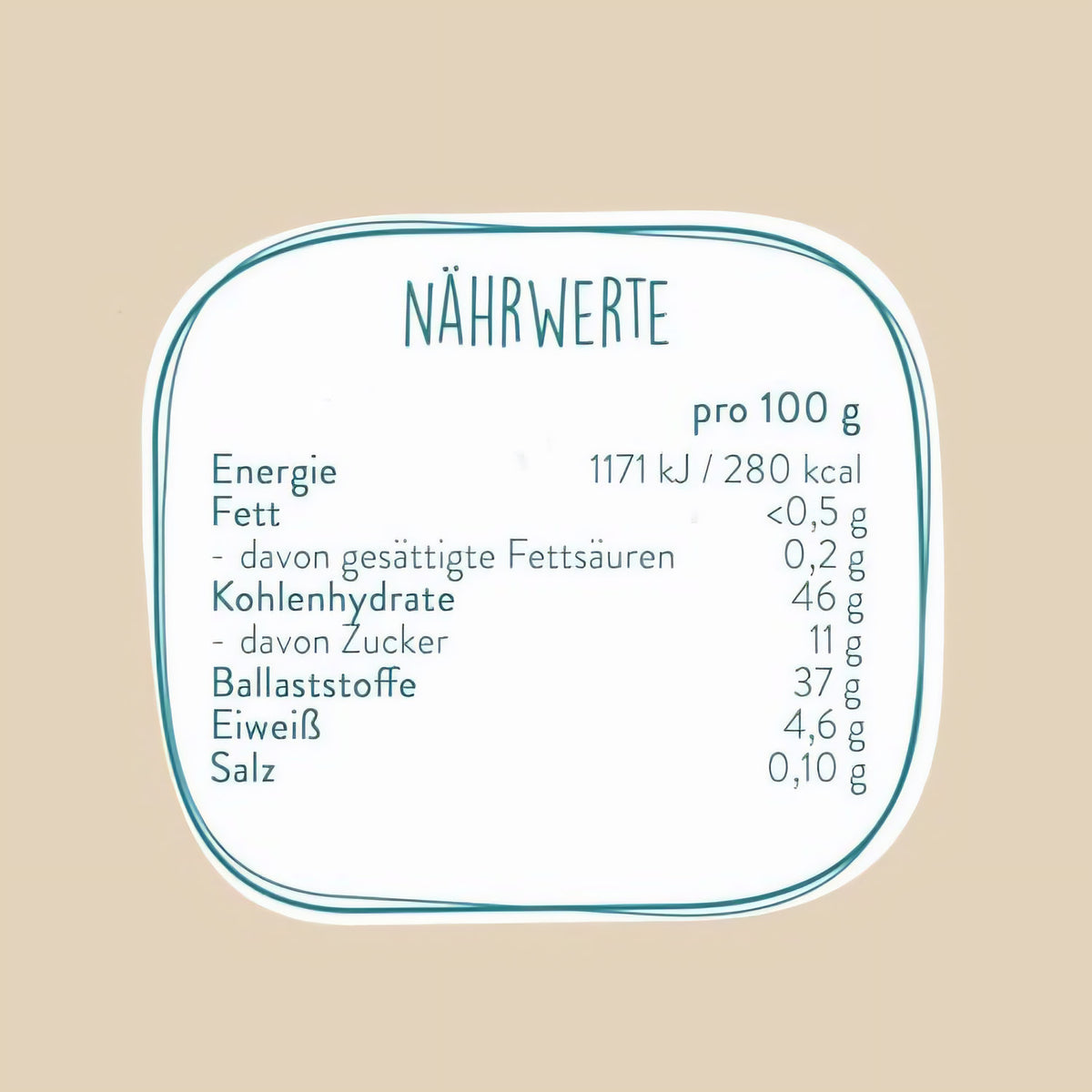 Nährwerttabelle für borchers Ashwagandha Pulver mit Angaben zu Energie, Fett, Kohlenhydraten, Ballaststoffen, Eiweiß und Salz pro 100g.