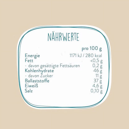 Nährwerttabelle für borchers Ashwagandha Pulver mit Angaben zu Energie, Fett, Kohlenhydraten, Ballaststoffen, Eiweiß und Salz pro 100g.