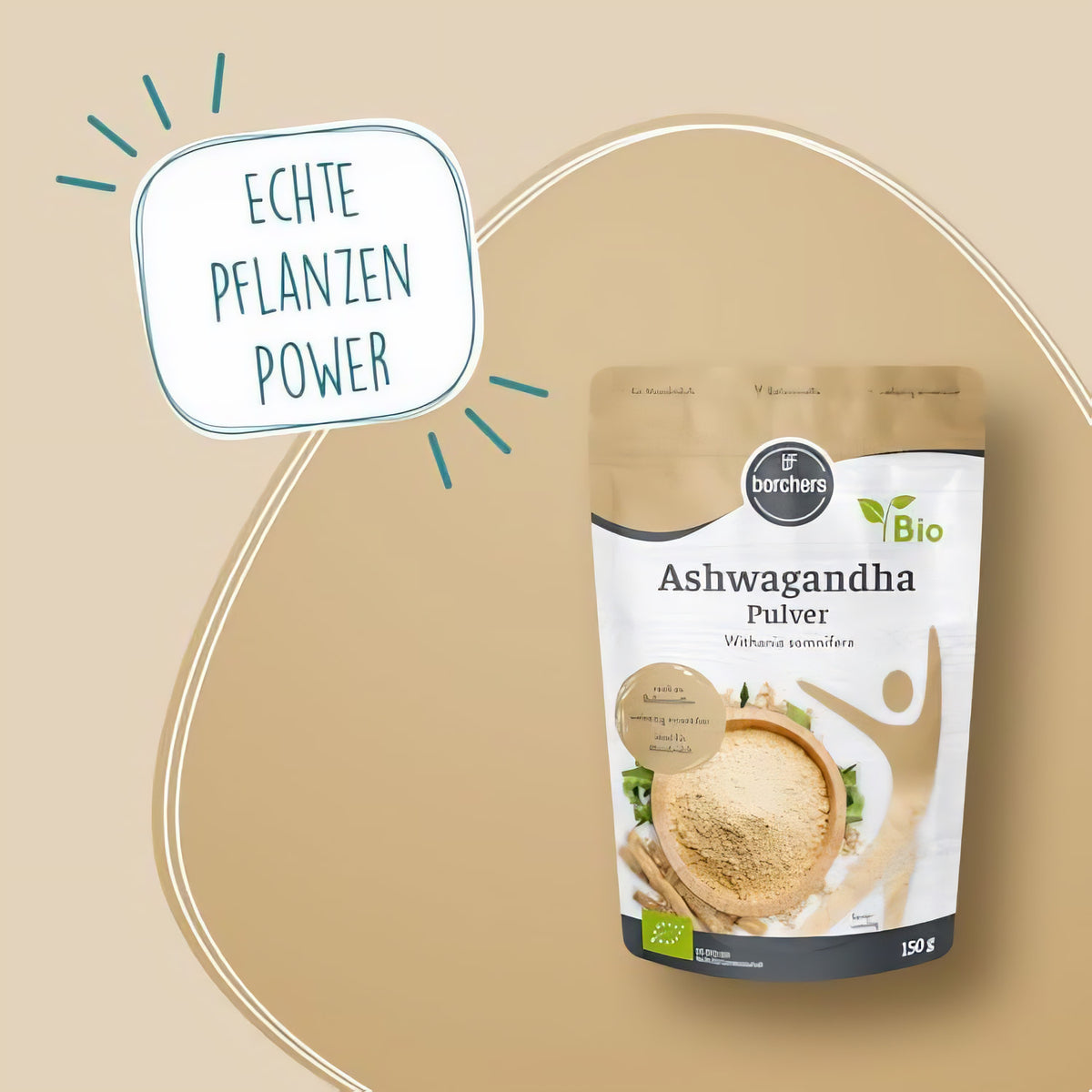 borchers Ashwagandha Pulver 150g stehend auf beigem Hintergrund, daneben Schriftzug echte Pflanzen Power.