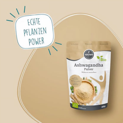 borchers Ashwagandha Pulver 150g stehend auf beigem Hintergrund, daneben Schriftzug echte Pflanzen Power.